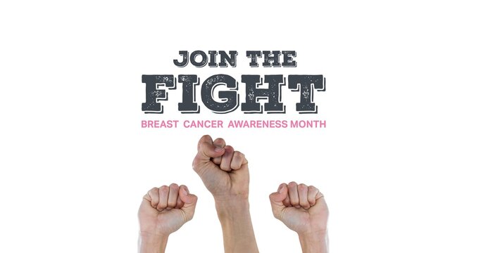 Composition of breast cancer text, with raised fists on white background