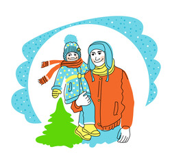 A father holds his little daughter in his arms on a winter walk. Stylized winter illustration