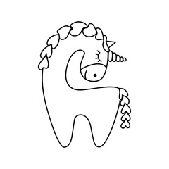 Badge, icon of cute hand-drawn unicorn. Vector black and white outline illustration isolated on white background. Coloring book page.