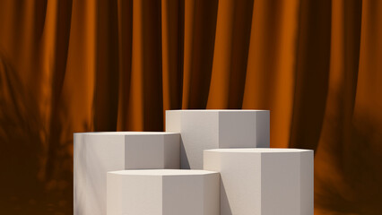 3d render illustration. cosmetic  background for product presentation.The light from the window shines through the red curtains and white podium.