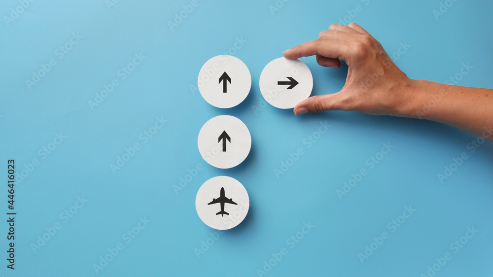 Poster the arrows indicate the route of the aircraft up and one arrow points to the right. action plan chan