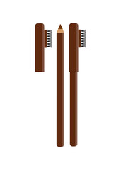 Vector eyebrow pencil with cap and brush. Closed and open brown eyebrow pencil. Decorative cosmetics for women and girls. Clip art.