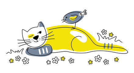 Funny cat and bird are enjoying the summer in the meadow. The cat lies in flowers, watching a gray bird. Friendship of animals.