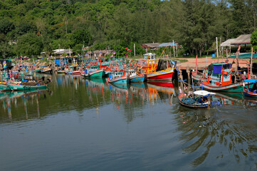 Fototapeta na wymiar Small coastal fishing harbor, Bang Saphan District, Prachuap Khiri Khan, Thailand