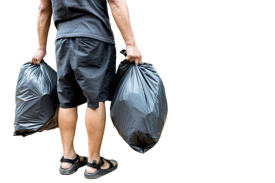 Back View,Man Holding A Black Trash Bag Containing Garbage In His Hands,two Plastic Bags Of Rubbish For Separating Recycling And General Waste,sorting Waste For Disposal,isolated On White Background.