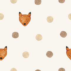 Watercolor seamless pattern in boho style polka dot brown beige and toy fox. Hand drawn clipart.