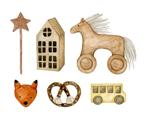 Watercolor illustration set with nursery decor and toys in boho style: wood horse, craft paper house, fox, car, star, pretzel. Hand drawn clipart. Isolated on white background.