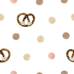 Watercolor seamless pattern polka dot pink brown beige and pretzel. Hand drawn clipart isolated on white background.