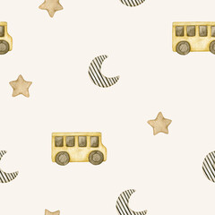 Watercolor seamless pattern with striped moon, toy car and stars. Hand drawn clipart. 