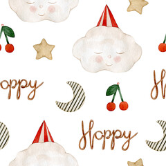 Watercolor seamless pattern with cloud, cherries, star, moon and lettering. Hand drawn clipart. Isolated on white background.