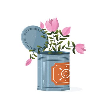 Bouquet of flowers in a metal tin can