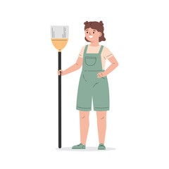 Fototapeta premium Young girl dressed in overalls with a broom. The girl helps with the household. Child cleaning. Flat vector cartoon illustration isolated on white background