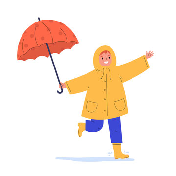 The child runs in the rain. Happy kid in a yellow raincoat under umbrella during rain. Flat vector cartoon illustration isolated on white background.