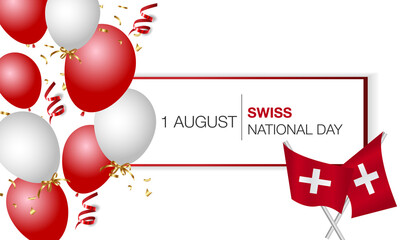 Swiss National Day. Switzerland Independence Day. Realistic balloons, flags, ribbons with the flag of Switzerland. Vector illustration