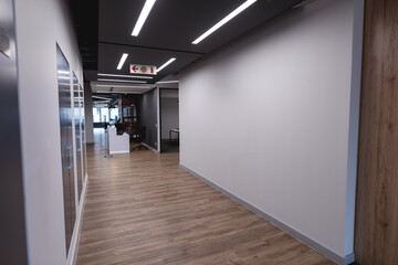 Interior of empty lobby with reception counter in modern office