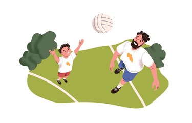 Father and son playing with ball. Dad spending time with child. Happy daddy and kid resting together outdoors on summer holiday. Flat vector illustration of parent and boy isolated on white background