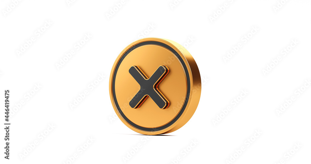 Poster gold cross check mark icon button and no or wrong symbol isolated on reject cancel sign button negat