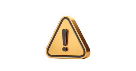 Gold exclamation mark symbol and attention or caution sign icon isolated on alert danger problem white background with warning graphic flat design concept. 3D rendering. - obrazy, fototapety, plakaty
