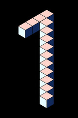 Number 1 from cubes isolated on black background. Pastel pink and blue colors. Pixel, 8 bit, isometric style.