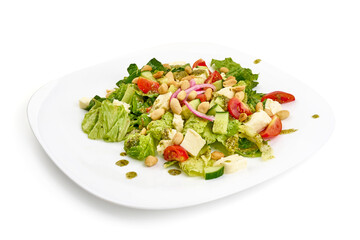 Vegetarian salad with mozzarella cheese, isolated on white background. High resolution image.