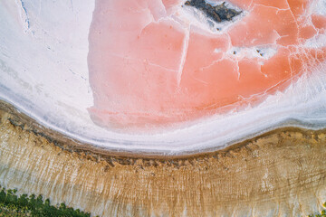 Pink lake in Kalmykia. Pink and white salt on a salt marsh. Incredible texture nature