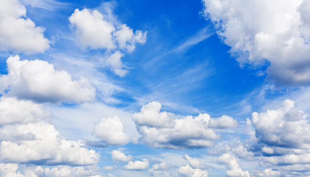 White fluffy clouds clear blue sky background panorama, cumulus cloud texture, cloudy azure skies backdrop, beautiful cloudscape panoramic view, sunny summer day heaven, cloudiness landscape, overcast