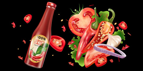 Red chili pepper bottle sauce with chili splashing elements isolated on dark color background, Vector realistic in 3D illustration.