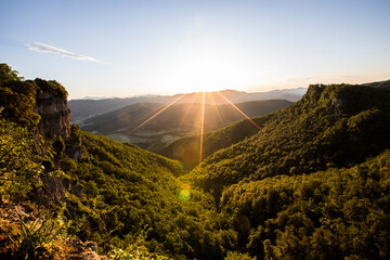 Spring sunrise in Salt De Coromina waterfall, La Garrotxa, Spain