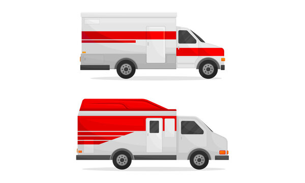 Ambulance Car with Red and White Colors as Medically Equipped Vehicle for Transporting Patients Vector Set