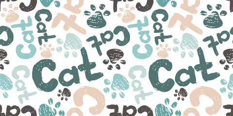 seamless pattern with cat paws or footprints, the word cat. Use for cat salons, veterinary clinics, an element for design