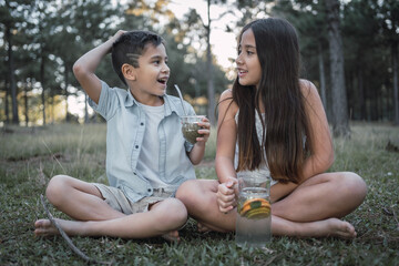 Portrait of adorable children enjoying a nice moment in the countryside drinking tereré.