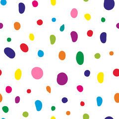 Abstract hand drawn geometric simple minimalistic seamless pattern on white background. Multicolored polka dot circle texture. Vector illustration