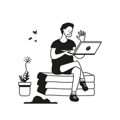 A young man sits on an ottoman with a laptop in his hands and waves his hand to an invisible interlocutor. Communication at a distance using the Internet connection.