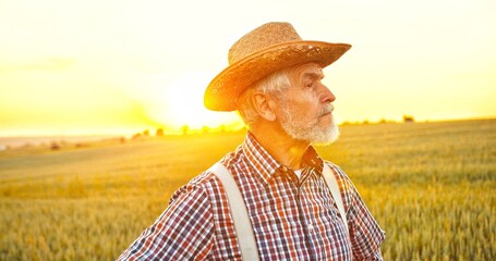Portrait of the senior Caucasian good looking wise man farmer in a hat looking at the side, in the...