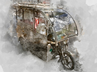 Digital watercolor painting. Chinese tricycle taxi in Beijing.