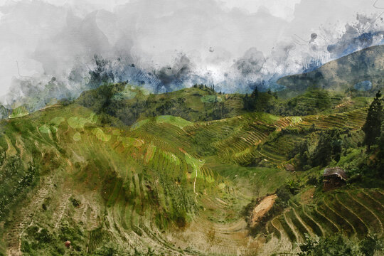 Digital watercolor painting of beautiful landscape image view of Paddy fields and Traditional Wooden houses in Longsheng, China