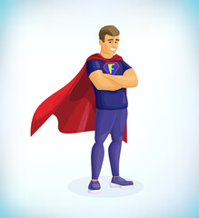 Father day. Super Dad. Concept of father day. Dad in hero superhero costume standing in super hero pose