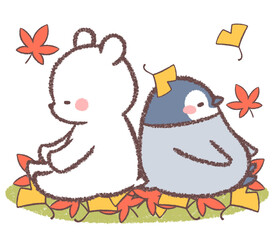 子供シロクマとペンギンヒナと秋の葉