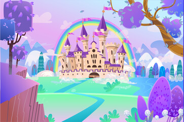 FairyTale cartoon castle. Cute cartoon castle. Fantasy fairy tale palace with rainbow. Vector illustration