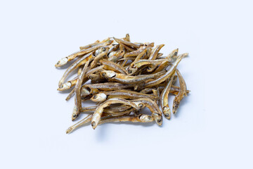 Dried anchovy on white background