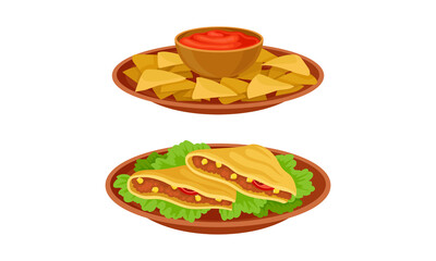 Crunchy Nacho with Sauce and Quesadilla with Savory Filling Vector Set