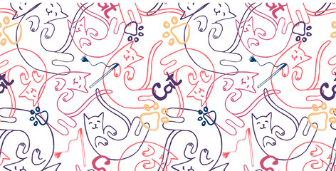 seamless pattern with cat, cat paws or footprints, the word cat. Use for cat salons, veterinary clinics, an element for design