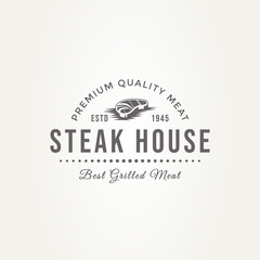 Fototapeta na wymiar vintage steak house restaurant with silhouette raw meat badge logo template vector illustration. classic retro restaurant and butcher shop emblem logo concept