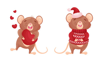 Cute Mouse Character Wearing Knitted Christmas Sweater and Holding Heart Vector Set