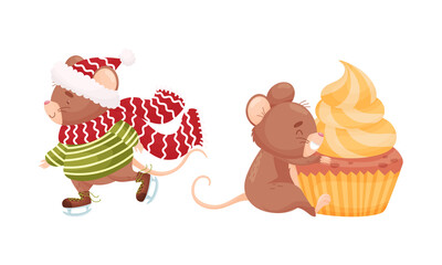 Cute Mouse Character Ice Skating and Embracing Cupcake Vector Set