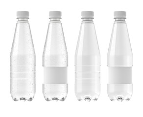 Transparent 500ml  Plastic bottle of water isolated on white background, carbonated and natural version, with and without label for product presentations.3d rendering