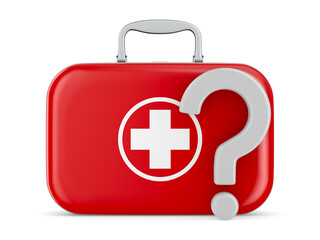 first aid kit and question on white background. Isolated 3d illustration