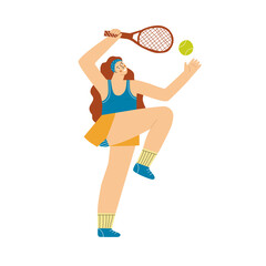 Obraz na płótnie Canvas Vector illustration girl tennis player at the time of the ball. Hand-drawn style. In orange-turquoise color. Poster, printable, digital.