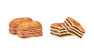 Baklava as Turkish Delight or Arabic Sweet and Sugary Dessert Vector Set