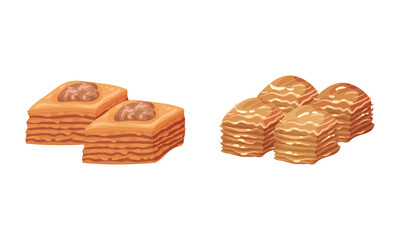Baklava as Turkish Delight or Arabic Sweet and Sugary Dessert Vector Set